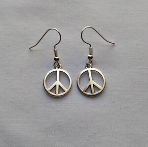 Silver tone Peace Symbol Sign Charm Drop Earrings finished with Hook Ear wires